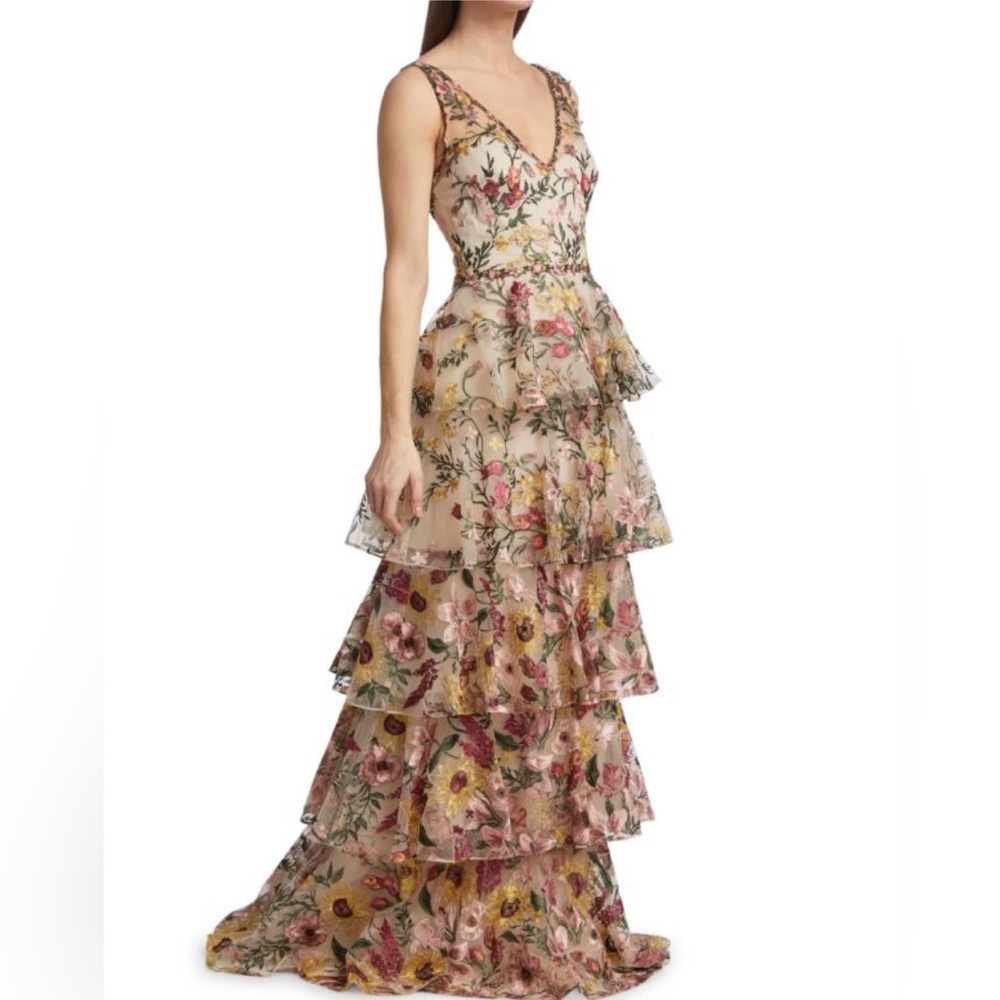 Marchesa Notte Embroidered Tulle V-neck Gown